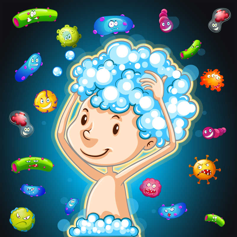 矢量卡通小男孩洗澡远离细菌