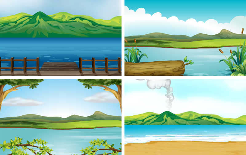  四个美丽的湖泊矢量插图