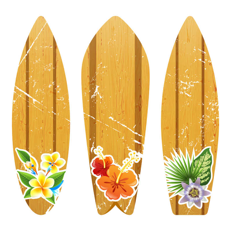 有花卉图案木制冲浪板矢量插图