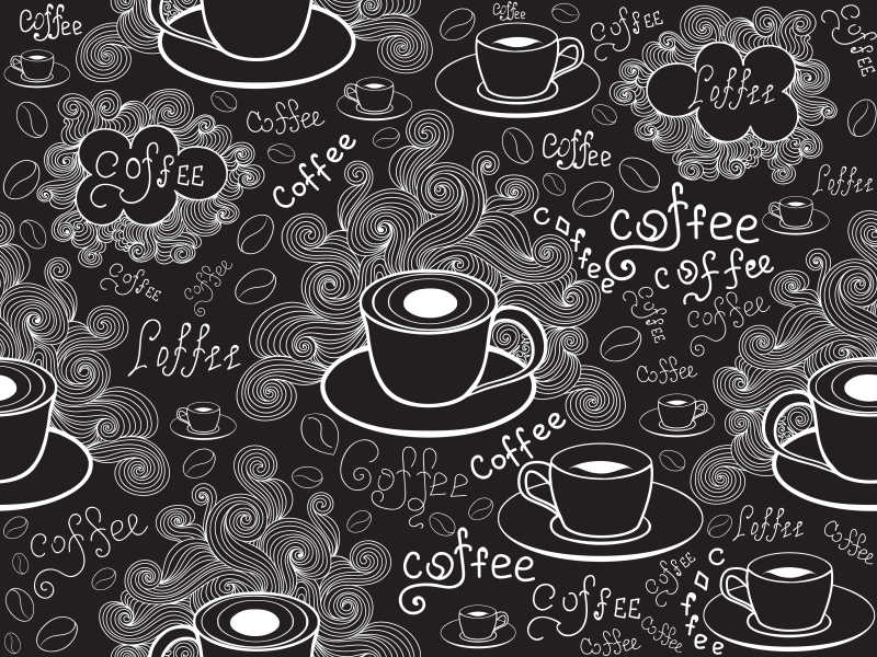 咖啡杯和咖啡英文单词的无缝组合矢量插图