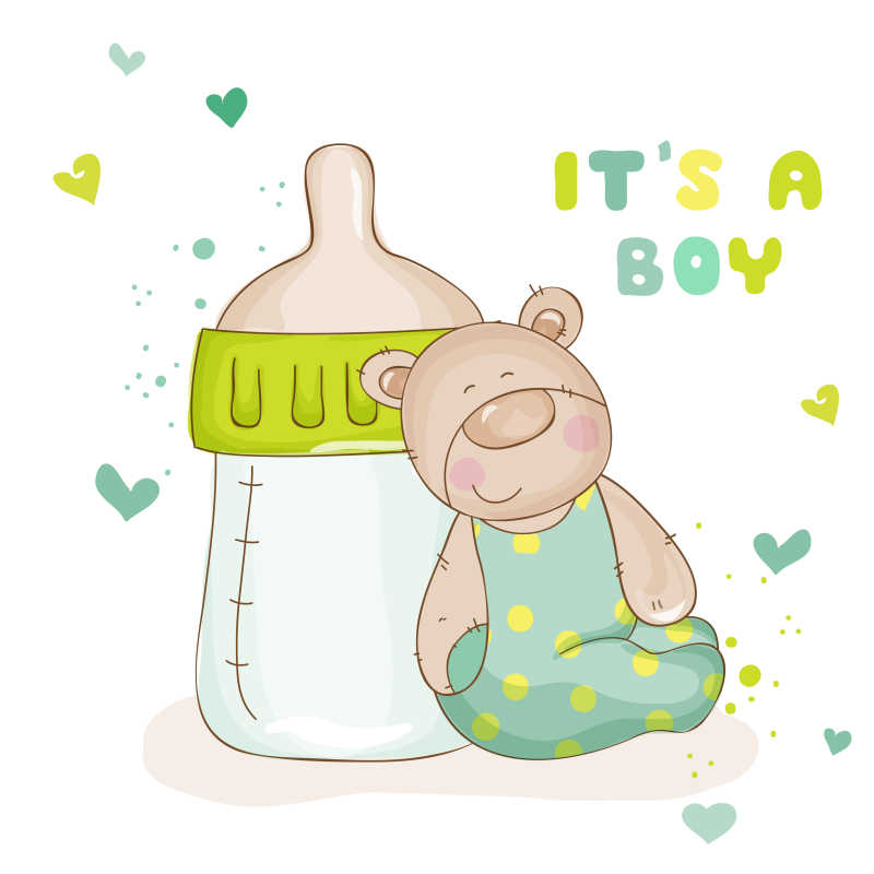 倚靠在巨大奶瓶上的可爱熊宝宝矢量插画