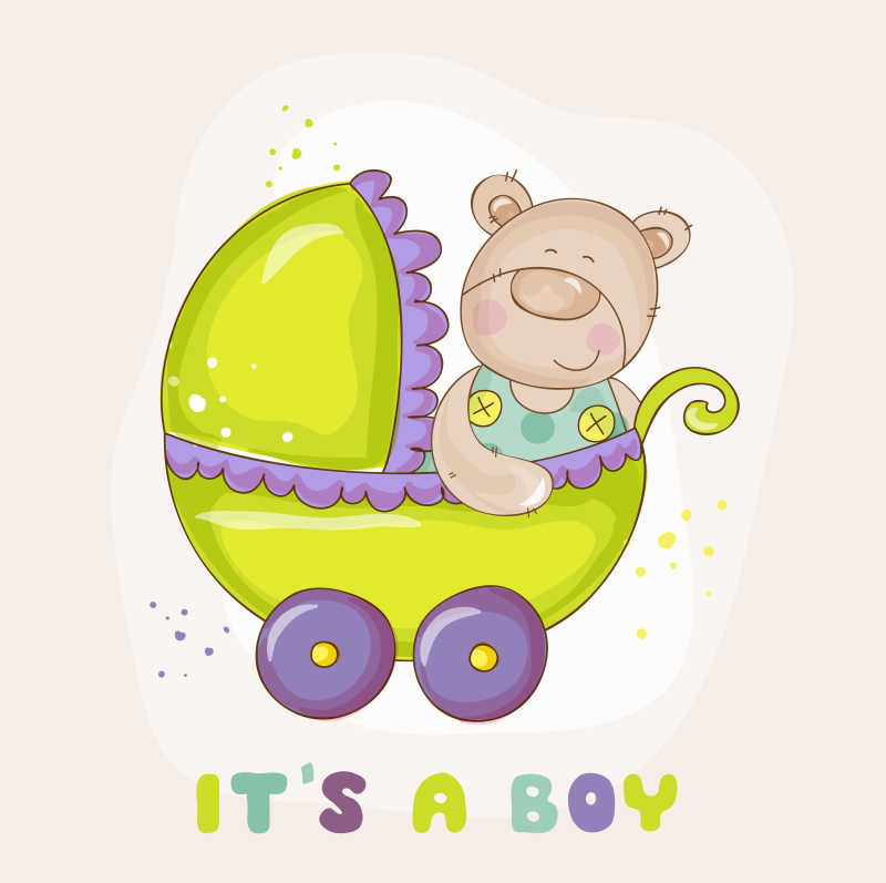 坐在婴儿车上的可爱婴儿熊矢量插画