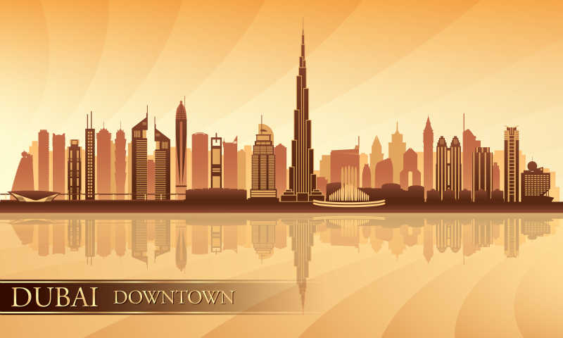 迪拜市中心城区天际剪影矢量插图