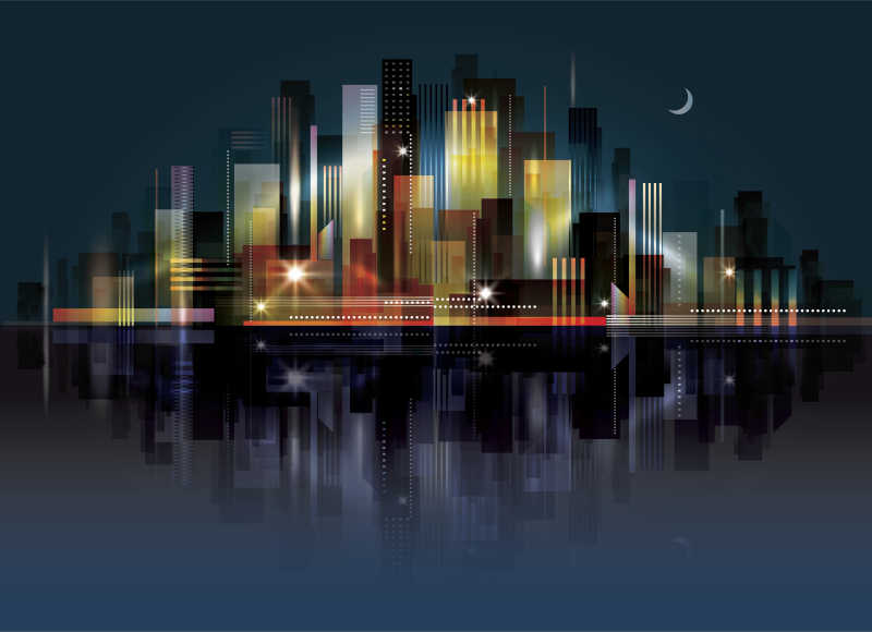夜晚繁华的都市天际线矢量插图