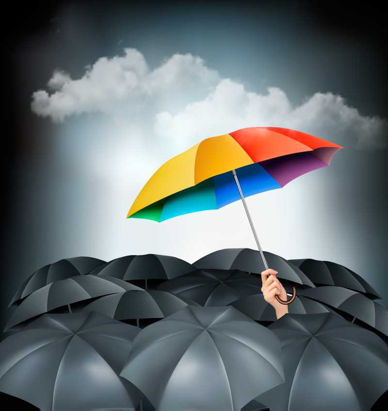 一群灰伞中的彩色雨伞矢量图