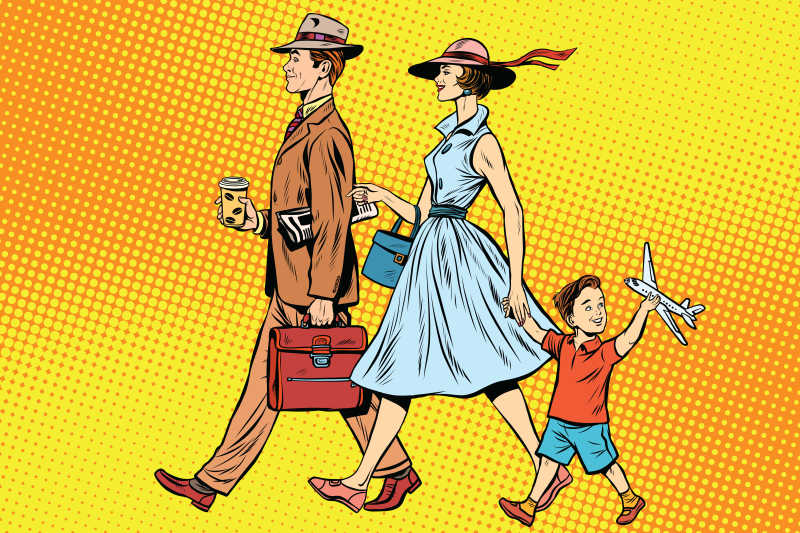 美式漫画风格的旅行的一家人矢量插图