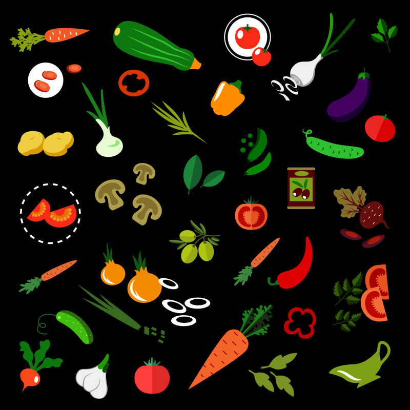 黑色背景上的蔬菜的矢量扁平标志