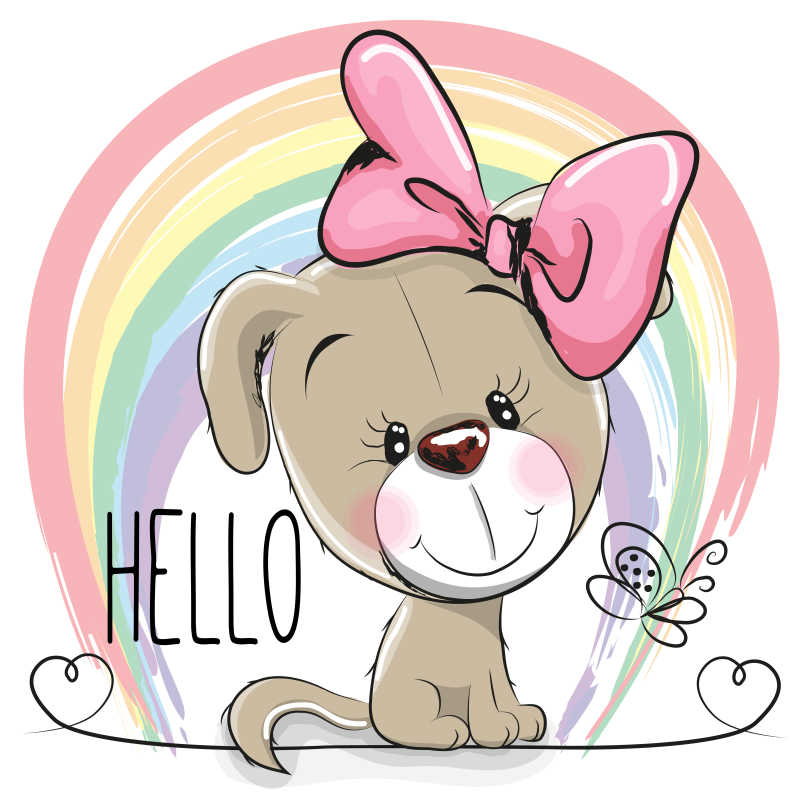 彩虹背景下的可爱小狗矢量卡通插画