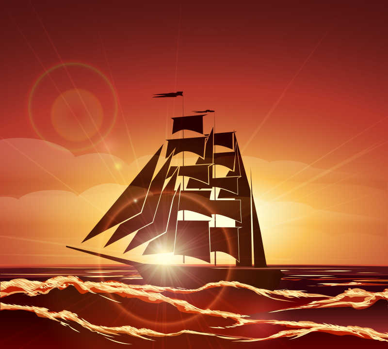 日落时海面上的帆船矢量插画