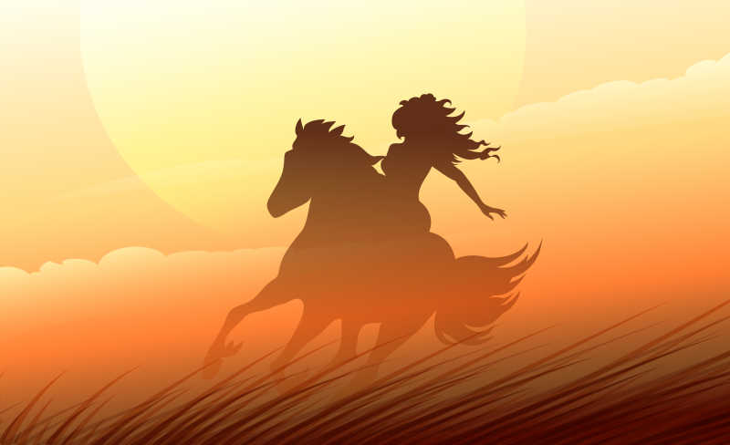 在草原上骑马的女人矢量插画