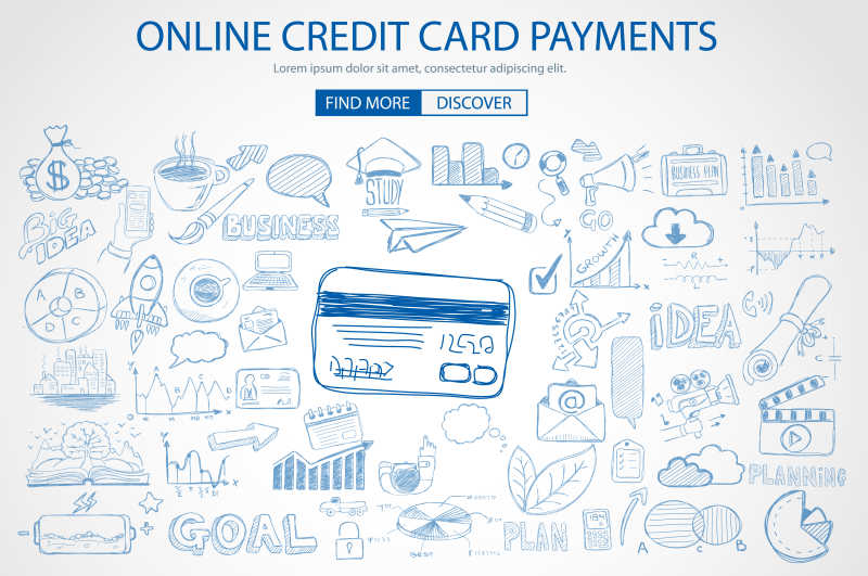 手绘信用卡使用支付概念的设计矢量插图
