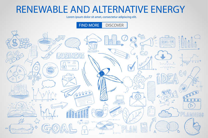 可再生能源和替代能源概念与涂鸦设计风格矢量插图