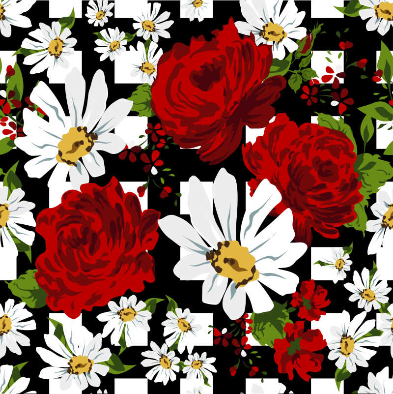 红玫瑰和甘菊花束矢量插图