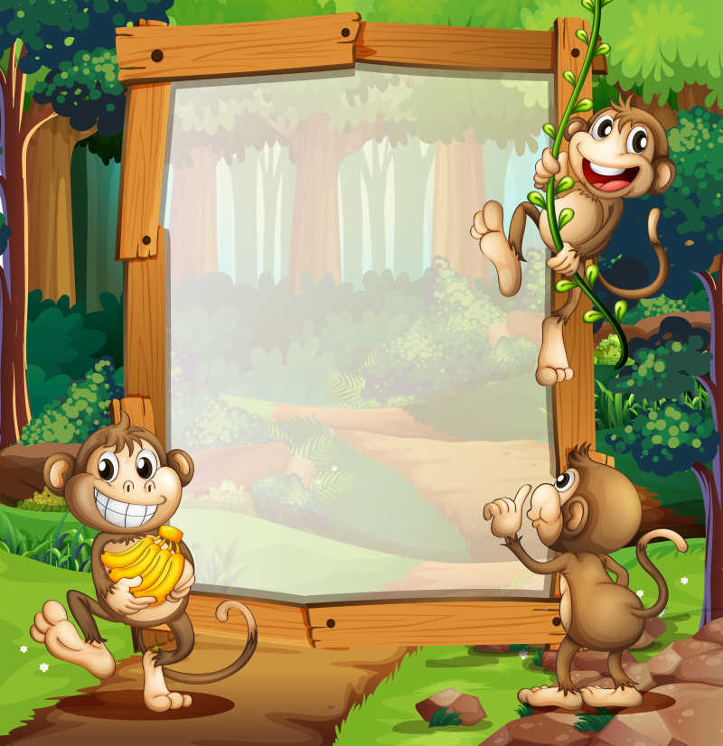 丛林中三只猴子矢量边框设计