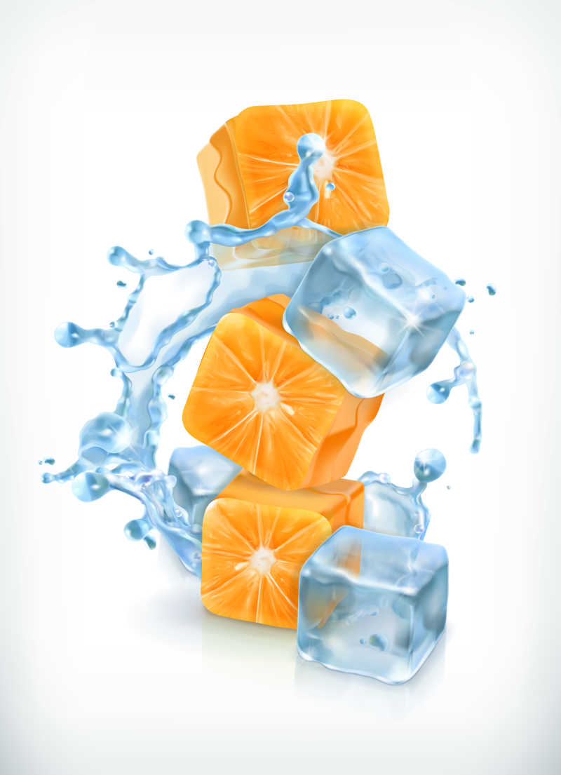 橙色橙子立方体和冰块矢量图