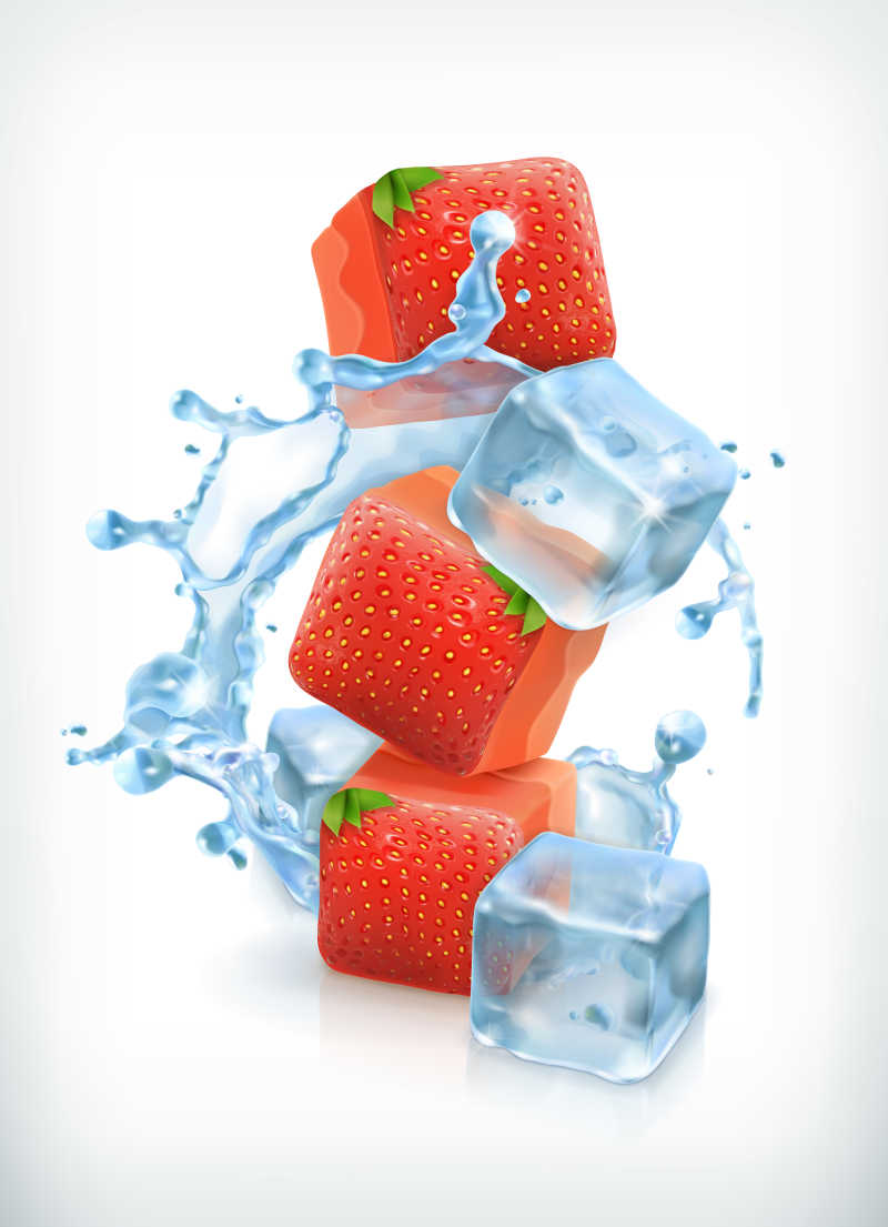 草莓冰块和泼水矢量插图