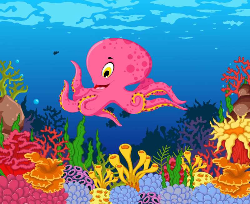 海洋里的红色章鱼矢量插画