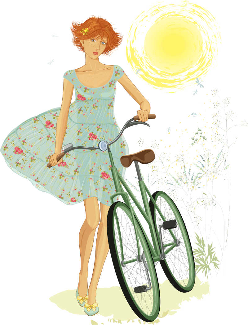 推着自行车的女孩矢量插画