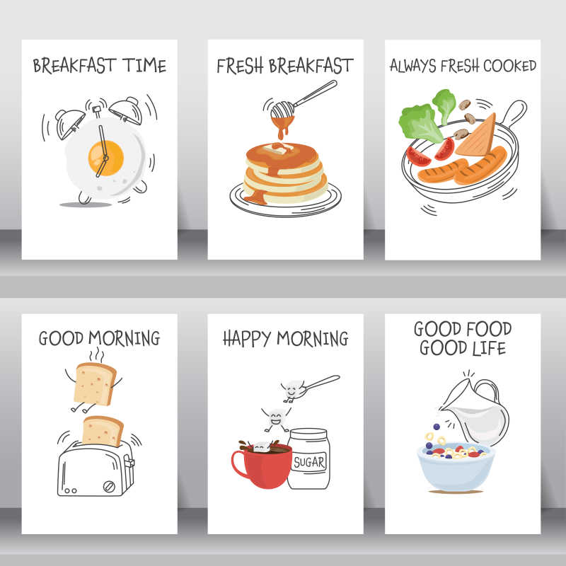 有趣的早餐海报和贺卡矢量图