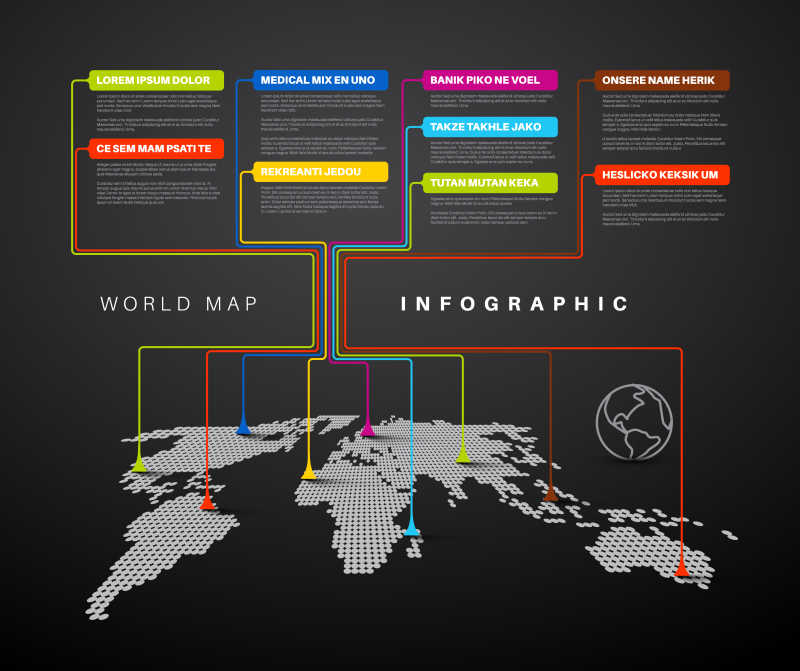 矢量带有指针标记的世界地图信息图表模板
