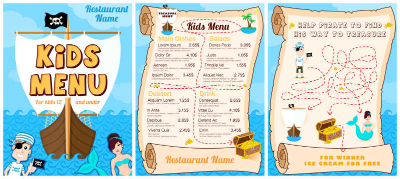 可爱的彩色儿童餐菜单创意设计矢量模板