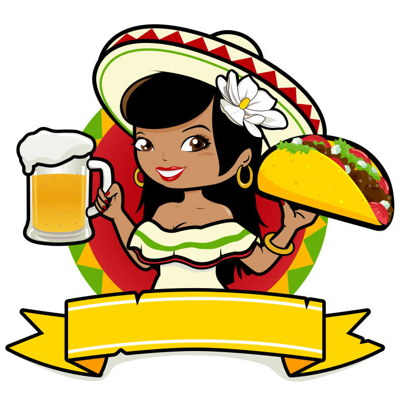 拿着美食的墨西哥妇女的矢量插图标签