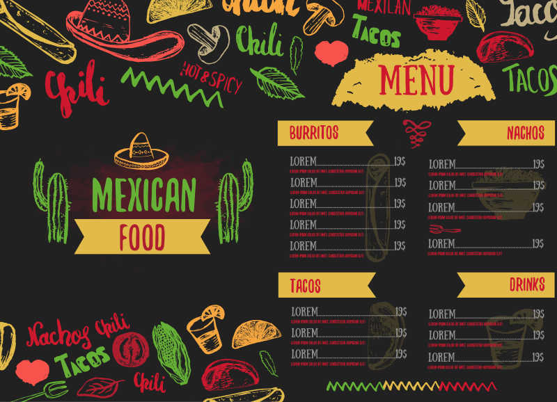 矢量老式墨西哥食品菜单与文字