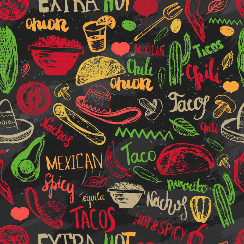 矢量无缝模式墨西哥食品与文字背景