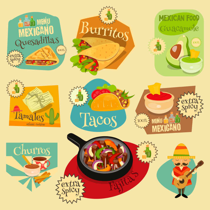墨西哥食品菜单迷你标签矢量图