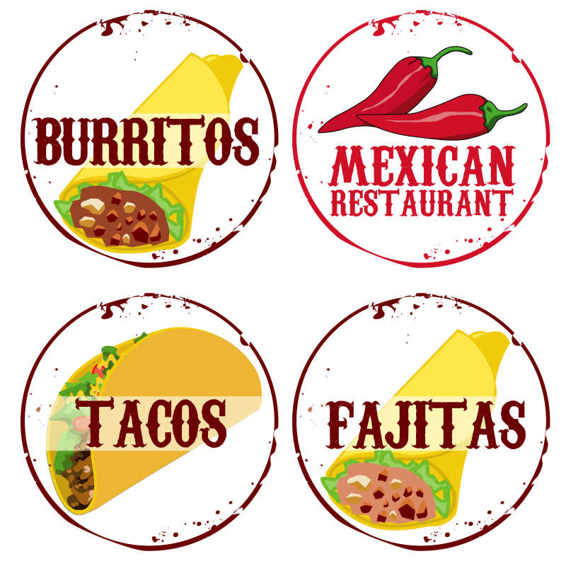 各种墨西哥美食的矢量标签设计插图
