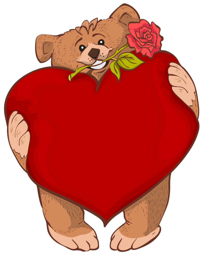 抱着红色桃心的卡通棕熊矢量插画