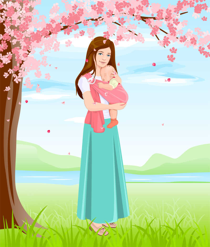 抱着宝宝站着花树下的年轻妈妈矢量插画