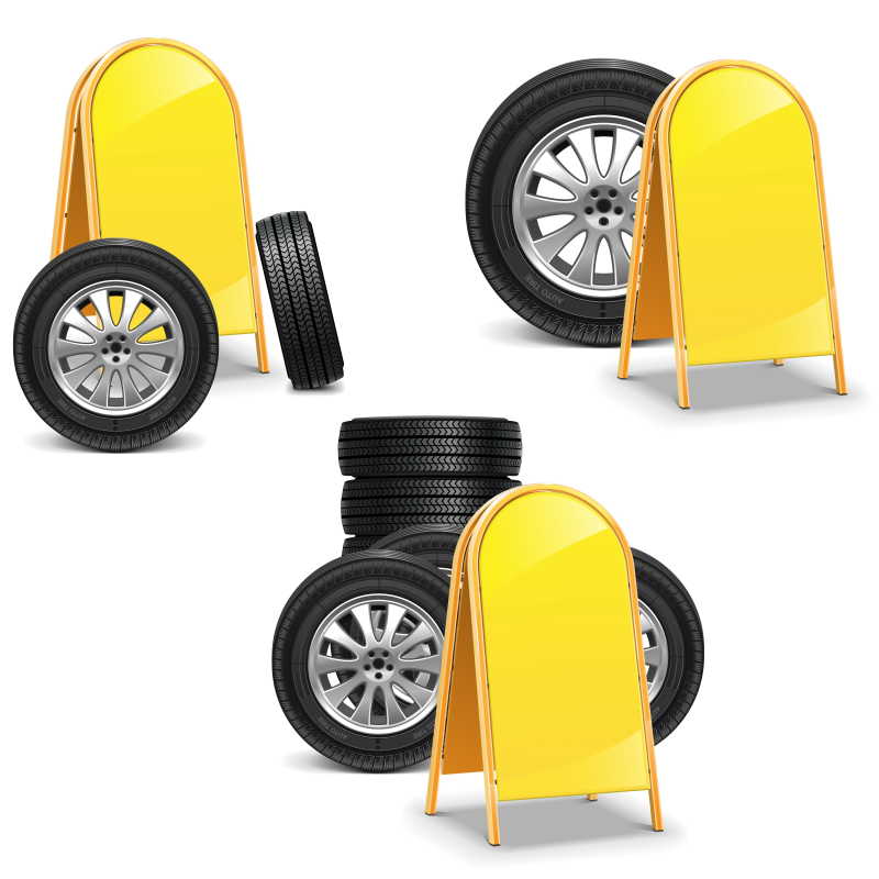 汽车轮胎的黄色广告牌矢量模板