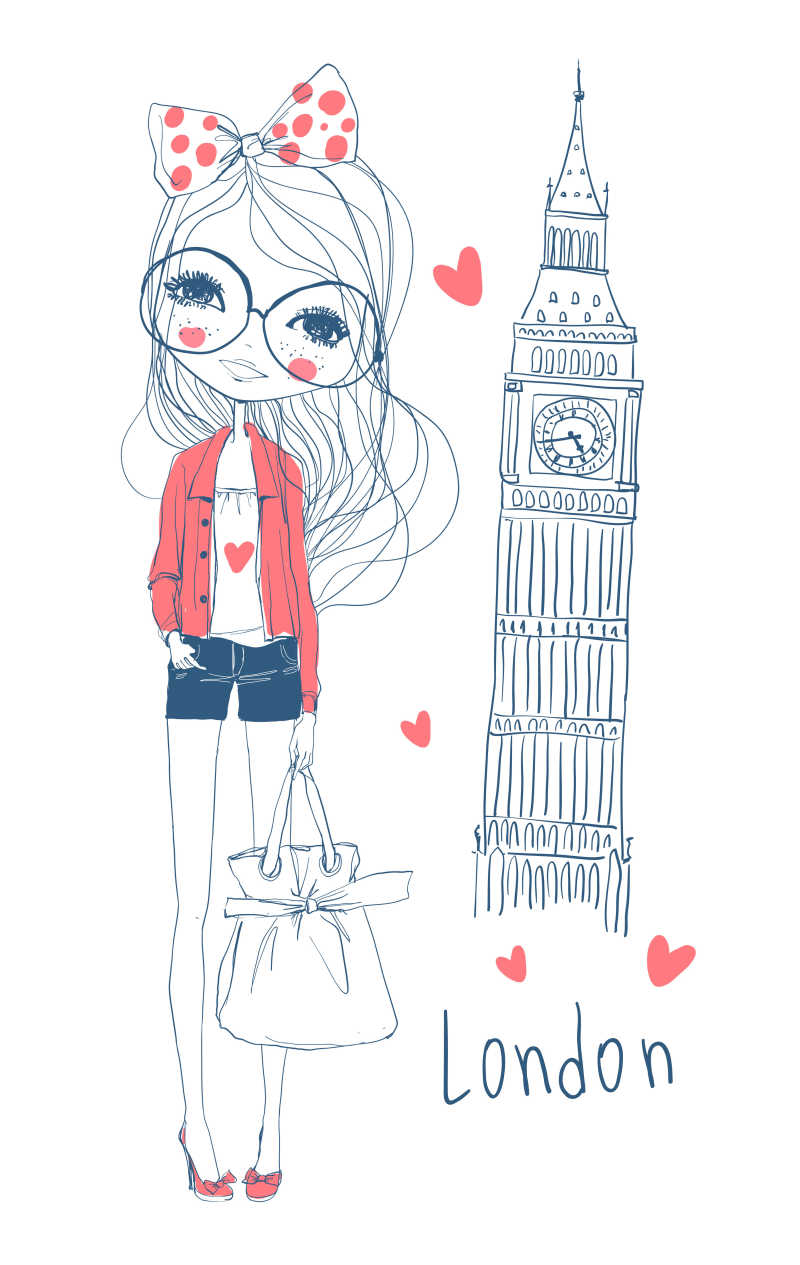 伦敦建筑前的可爱女孩矢量插画