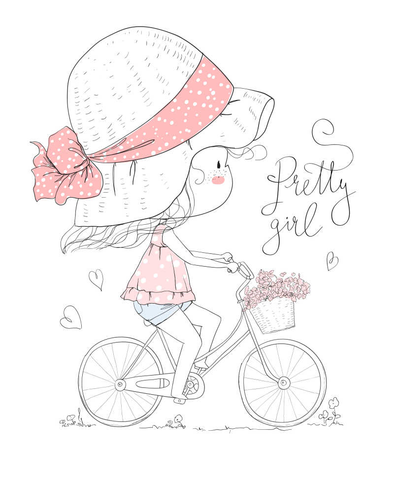 骑自行车的可爱女孩矢量插画