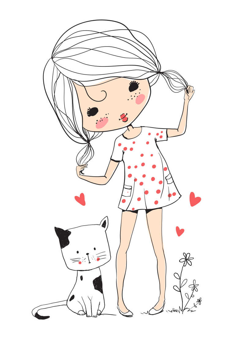 可爱的猫和小女孩矢量插画