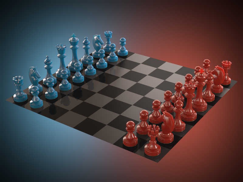 国际棋盘上的红蓝棋子对抗