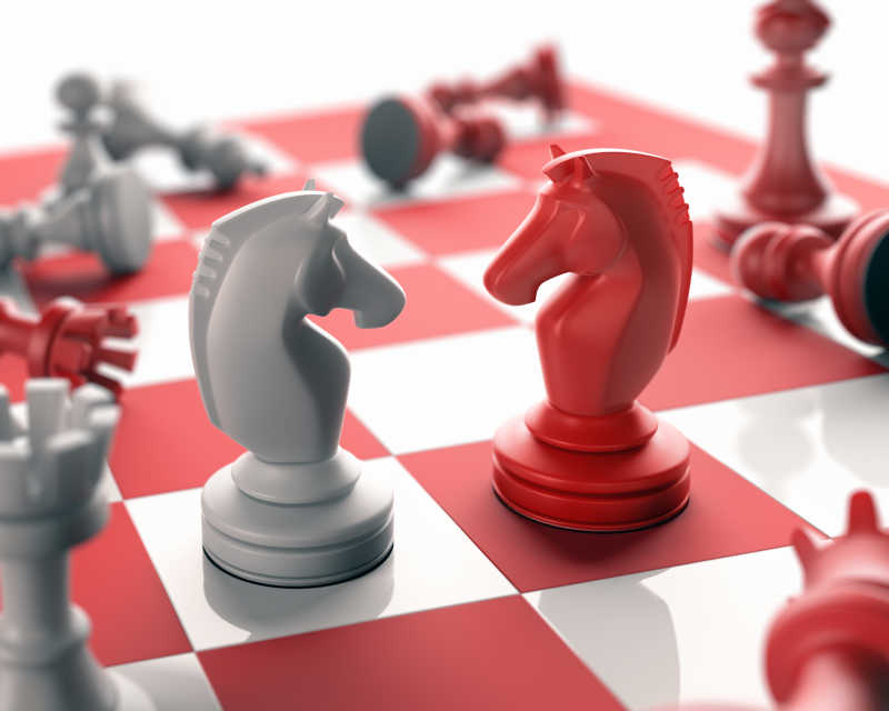 国际棋盘上的灰色棋子和红色棋子对峙