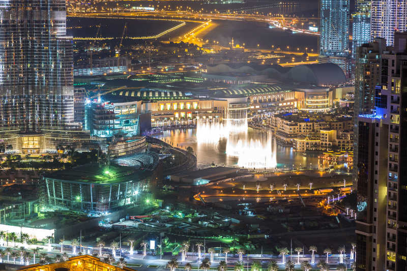 美丽的迪拜市中心夜景鸟瞰
