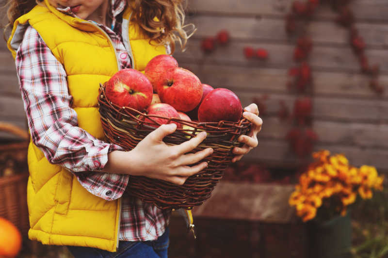 女孩手里抱着一篮子苹果