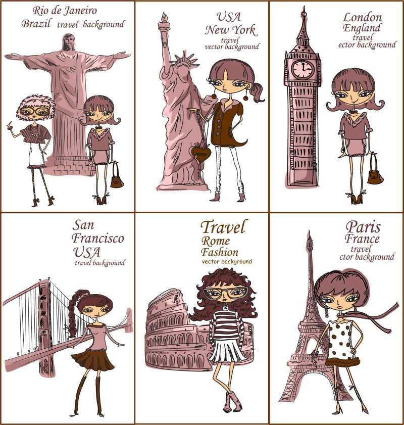 时尚女孩周游世界卡通图
