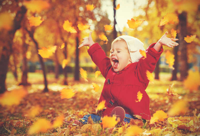 阳光下秋天的公园里坐在落叶上的小女孩