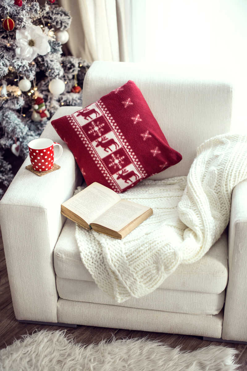 沙发上的咖啡杯红色垫子和白色毯子打开的书