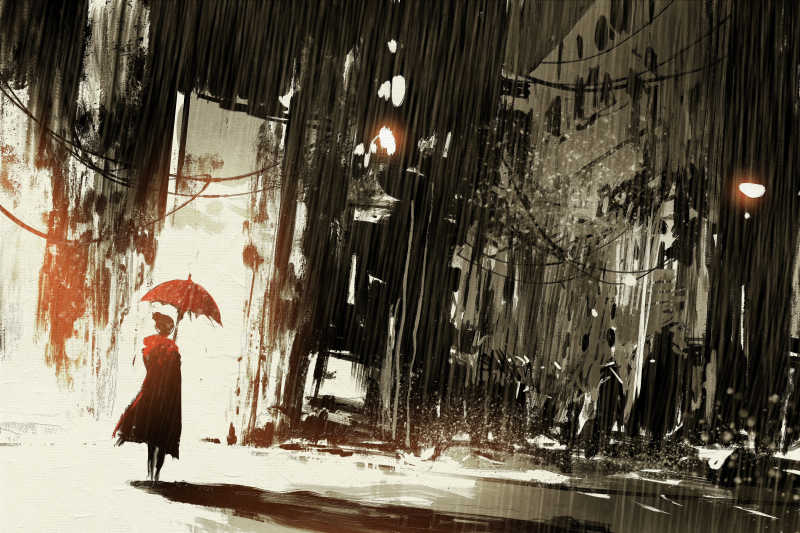 数码绘画孤独的女人带着伞在废弃的城市