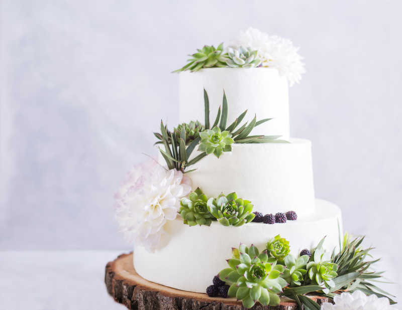用鲜花和多肉植物装饰的婚礼蛋糕