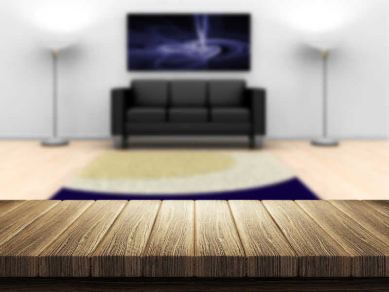 客厅里灯光下的美丽木桌