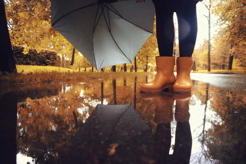 秋雨背景下的棕色橡胶鞋