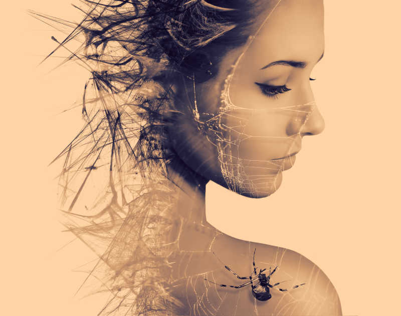 蜘蛛网合成的美女侧面肖像
