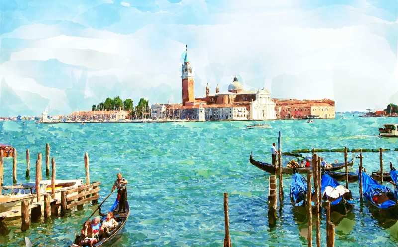手绘威尼斯湖水油画