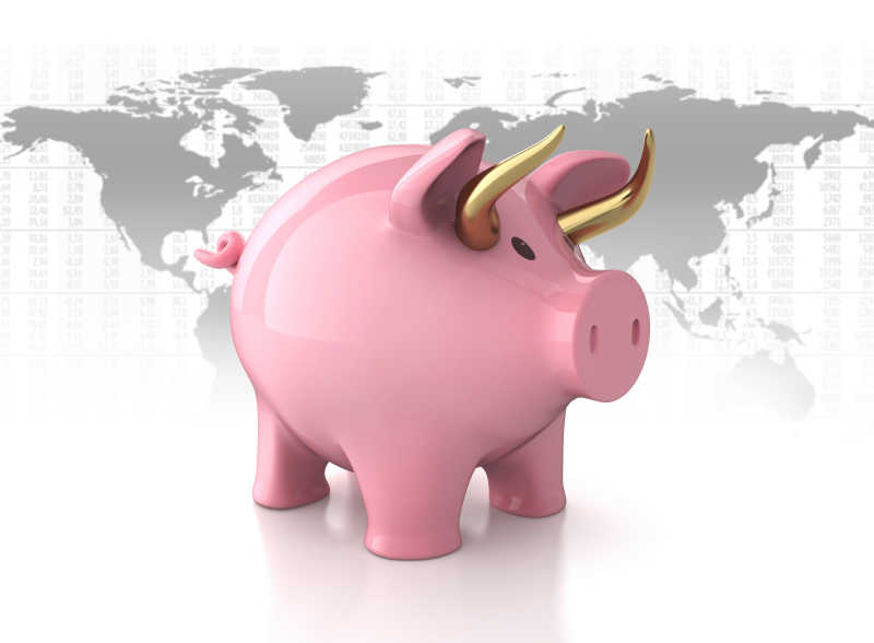全球背景下的粉色小猪储蓄罐